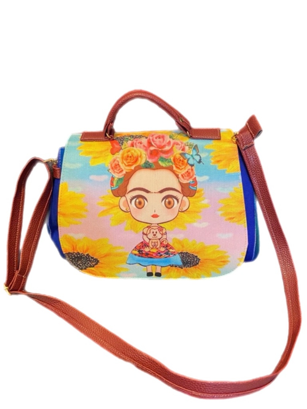 Mexican Frida Kahlo Crossbody Purse Bag Floral Canvas Woven Zarape Sunflowers
